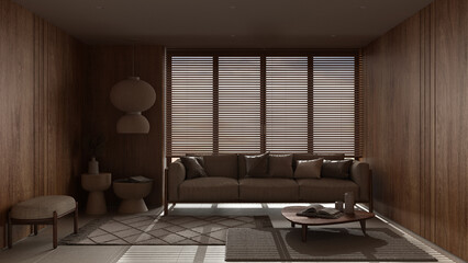 Minimalist living room with wooden walls, evening scene. Fabric sofa with pillows, big window with venetian blinds, carpets and decors. Minimal interior design