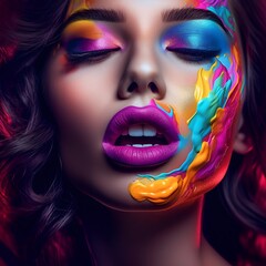 Fashion portrait of a beautiful girl with bright multicolored makeup.  Beautiful young woman with creative art makeup. Stunning model with colorful fashion makeup.  Face art, Face painting.