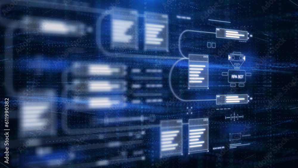 Poster Digital technology flowchart of RPA platform concept. Robotic process automation, artificial intelligence illustration background.
