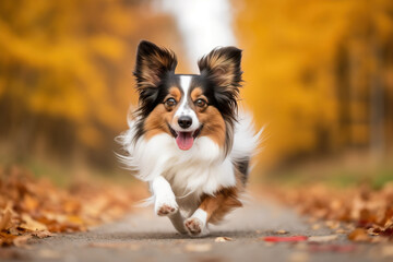 A happy tiny dog runs through the autumn forest. Cute small dog against the orange leaves and defocused trees. Generative Ai.