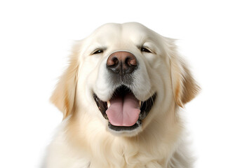Portrait of a smiling golden retriever on a transparent background. Fluffy happy dog in close-up. Png. Generative Ai.
