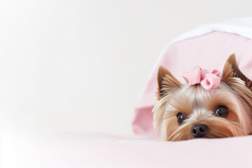Cute Yorkshire Terrier puppy with pink bow on light background with copy space. Generative Ai.