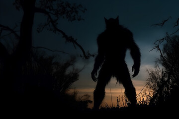 werewolf silhouette , dark, scary , moon in the background Generative AI