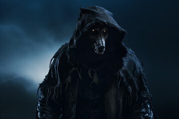werewolf with jacket and hood, moon in the background Generative AI