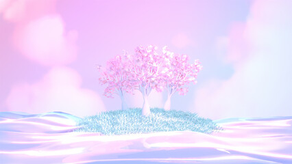 3d rendered grass field with pink trees in the sea.