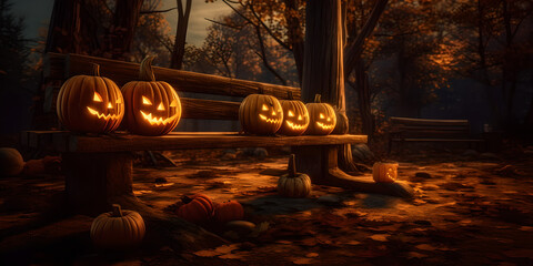 A spooky forest sunset with a haunted evil glowing eyes of Jack O' Lanterns on the left of a wooden bench on a scary Halloween night Generative AI