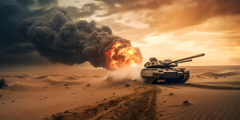 armoured tank crosses a mine field during war invasion epic scene of fire and some in the desert Generative AI - obrazy, fototapety, plakaty