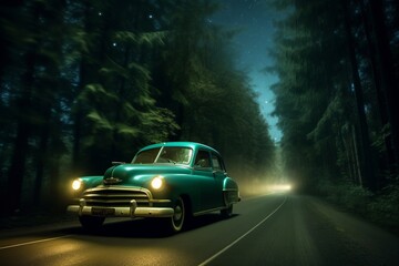 Fototapeta na wymiar Magical Forest Drive: A Dreamy Nighttime Journey, Generative AI.