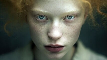 Person with albinism, showcasing their unique features and captivating gaze. Generative ai.