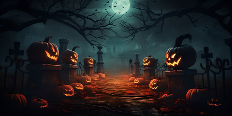 Jack O' Lanterns In Graveyard In The Spooky Night - Halloween Backdrop Generative AI