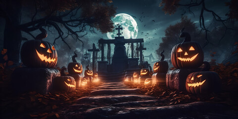 Jack O' Lanterns In Graveyard In The Spooky Night - Halloween Backdrop Generative AI
