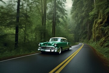 Fototapeta na wymiar Green Car in Majestic Forest: A Stunning Scenic Drive, Generative AI.