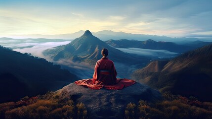 A person wearing a traditional Japanese kimono meditating on a serene mountaintop. Generative ai.