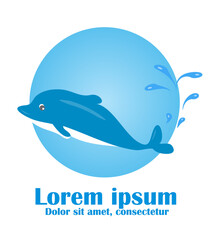 Dolphin playing in the sea framed in a circle shape with text, for company logo or other purposes. Vector illustration isolated on white background.