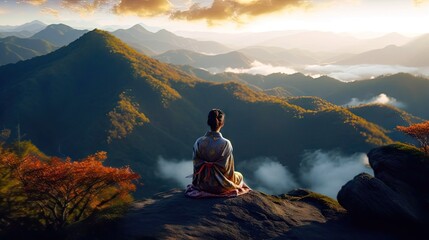 A person wearing a traditional Japanese kimono meditating on a serene mountaintop. Generative ai.