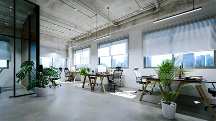 Modern office interior with exposed concrete ceiling and floor. 3d rendering - obrazy, fototapety, plakaty