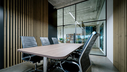 Conference room interior of a modern office with exposed concrete ceiling and floor. 3d rendering