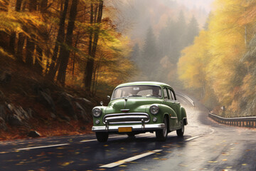 Obraz na płótnie Canvas Seasonal Joyride: Explore Nature's Beauty with a Green Car, Generative AI.