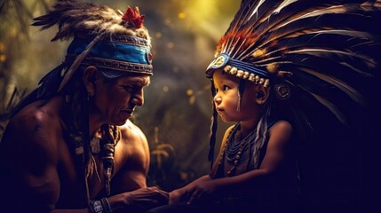 A young boy wearing a traditional Native American headdress, listening intently to a wise elder's storytelling. Generative ai.