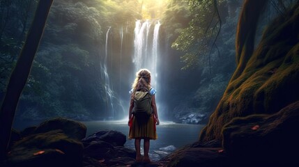 Obraz premium A young girl with braided hair and a backpack, discovering a hidden waterfall in a mystical woodland. Generative ai.
