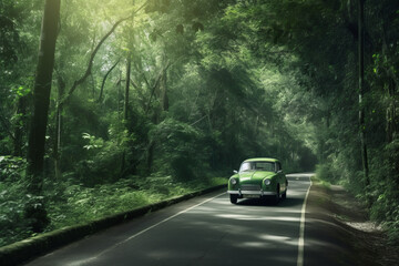 Fototapeta premium Escape to Serenity: Eco-Friendly Car in Secluded Forest Haven, Generative AI.