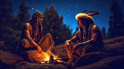 Two Native American friends sitting around a campfire, telling stories under a starry night sky. Generative ai. - obrazy, fototapety, plakaty