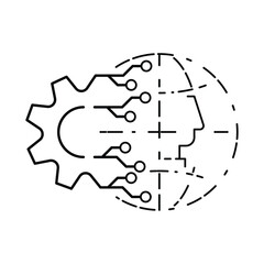 Gearwheel icon transform into digital circuit, then combined with dash line globe and robotic profile shape. Industrial digitalization concept. Vector illustration outline flat design style.