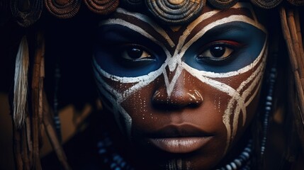 Native wearing a traditional African tribal mask, with only their intense eyes visible. Generative ai.