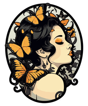 Gothic M&auml;dchen mit Schmetterlingen: Goth &Auml;sthetik in Schwarz Wei&szlig; und Orange - Generative AI