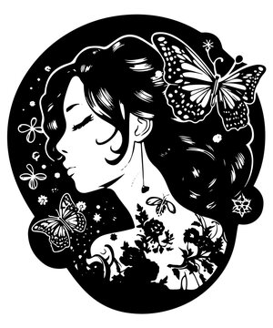 Wundersch&ouml;ne Goth &Auml;sthetik: Gothic M&auml;dchen mit Schmetterlingen Silhouette - Generative AI