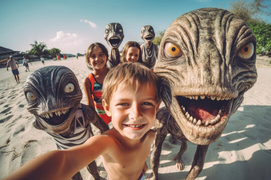 Kids taking selfie with aliens on the beach. AI generative art