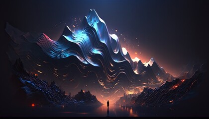 wallpaper mountain range with a waterfall and lights above it, in the style of surreal 3d landscapes, background, futuristic