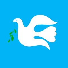 Colomba bianca pasquale con un ramo di oliva vola nel cielo azzurro. Simbolo di pace. Amore, fede, speranza. Innocenza, purezza 