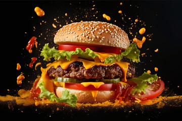 A minimalistic photo Food Advertising Photographs of burger isolated on black background