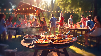 4th of July barbecue scene group of friends or family enjoying the food and company - obrazy, fototapety, plakaty
