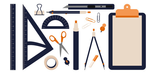 Set of blue stationery elements on white background