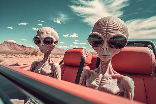 Two aliens with sunglasses in the convertible red car. AI generative art