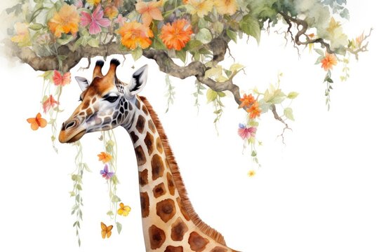 Giraffe surrounded by colorful flowers, on a white background. Generative AI