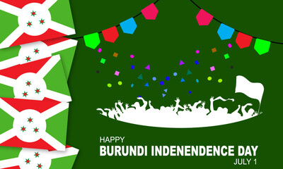 Randomly arranged Burundian flag on the left and colorful flags with silhouettes of Burundi people celebrating Burundi Independence July 1
