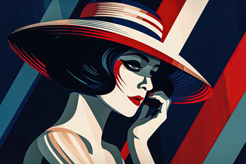 Generative AI portrait illustration of sophisticated beautiful woman in hat dressed in couture