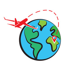 Globe web icon and location pin. Planet earth icon with pointer pin and plane. World traveling or GPS navigation concept
