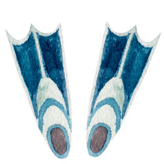 Watercolor sport element, blue flippers isolated on white background. For various sport and summer products, etc.