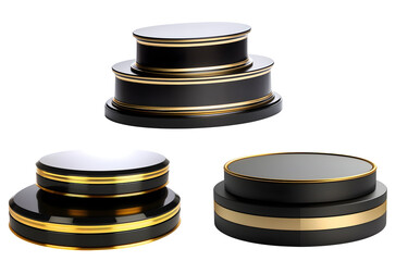 Luxury black gold round circle winner podium . Many assorted different types isolated on transparent background cutout. PNG file. 3D rendering