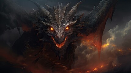 Portrait of black dragon in smoke and fire