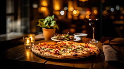 Fototapeta premium Tasty vegetable pizza and salad, dimly lit restaurant, wooden table and bokeh. Hot pizza. With copy space for text. Banner.