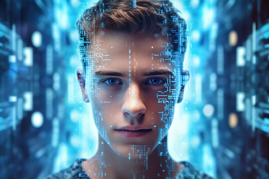 Close up head shot of handsome young guy with futuristic overlay and cyber hologram over his face on modernistic Sci-fi background. Ai (artificial intelligence) concept