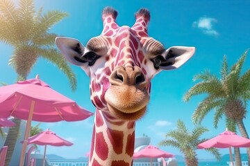 Obraz premium Vacations of giraffe, cute anomal by the pool, ai generative