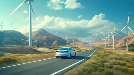 Eco-friendly hybrid car in motion, on mountain landscape with a lot of eco wind turbines around the road. Concept of green sustainable energy.