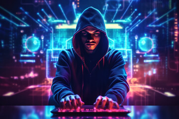 Hooded hacker using his computer to break into corporate data servers to steal or destroy critical information.