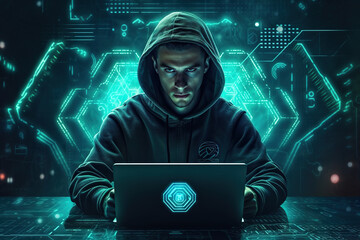 Hooded hacker using his laptop to break into corporate data servers to steal or destroy critical information.
